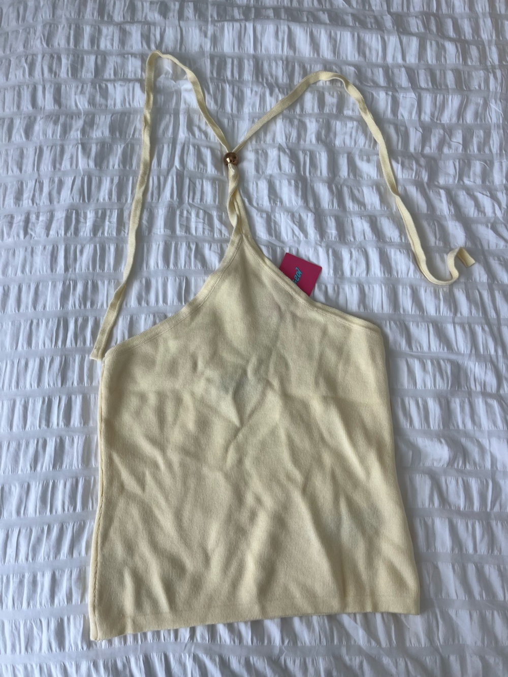 Edikted Pale Yellow One-Shoulder Halter Knit Tank